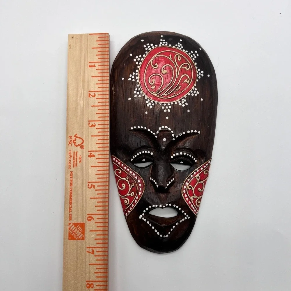 Tiki Mask Hand Carved & Painted Wood Brown Red White Dot Tribal Indonesia Art